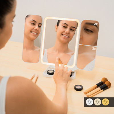 Rechargeable Triptych Makeup Mirror with Magnification and LED Light M